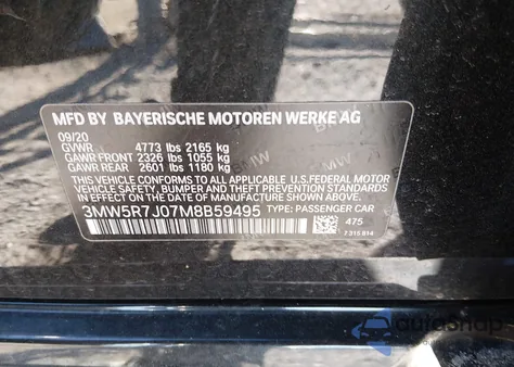 2021 BMW 330I xDrive z USA, uszkodzony, nr VIN 3MW5R7J07M8B59495